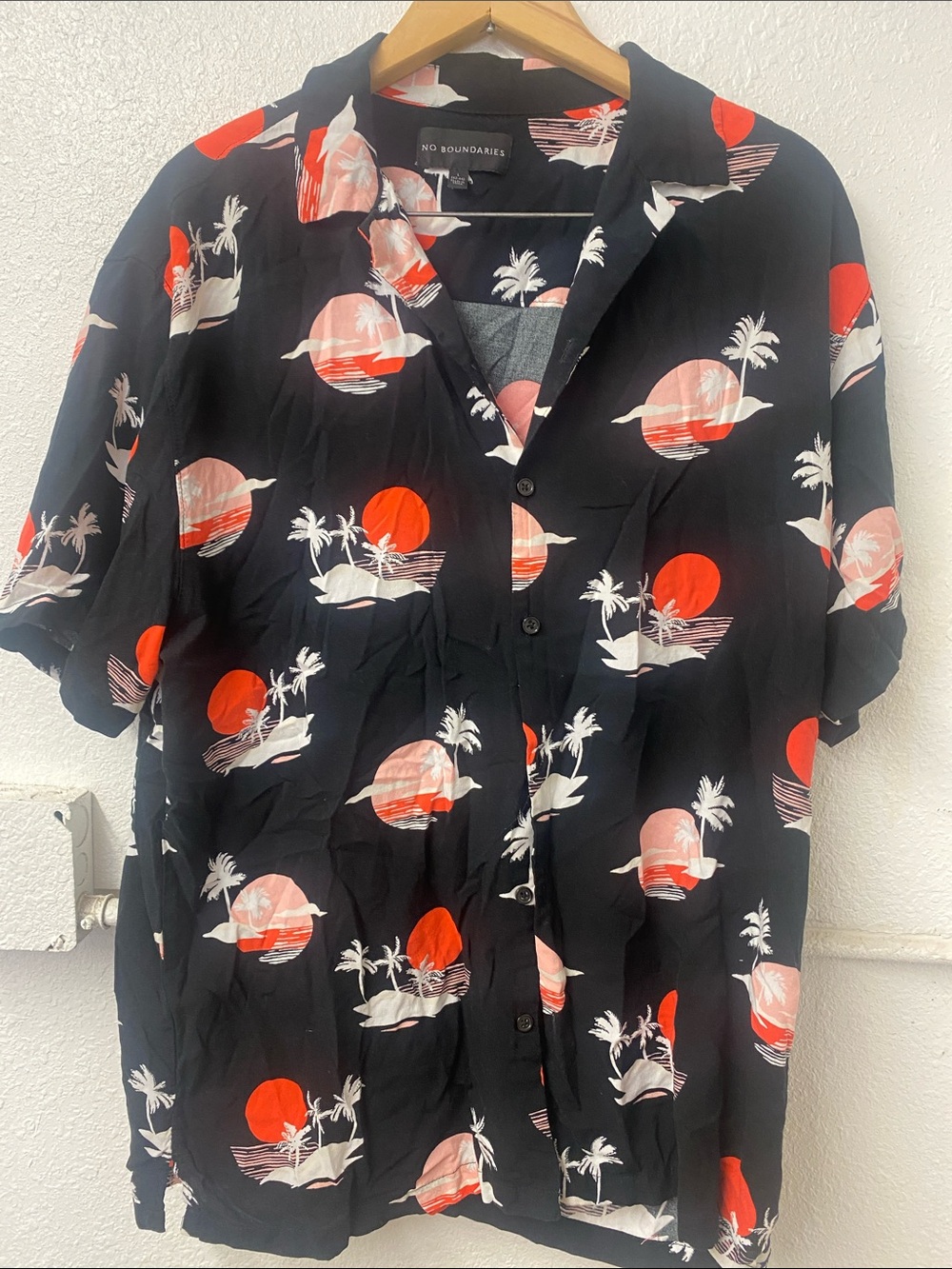 No Boundaries Black Button-Up Shirt with Red & Pink Sunset Print